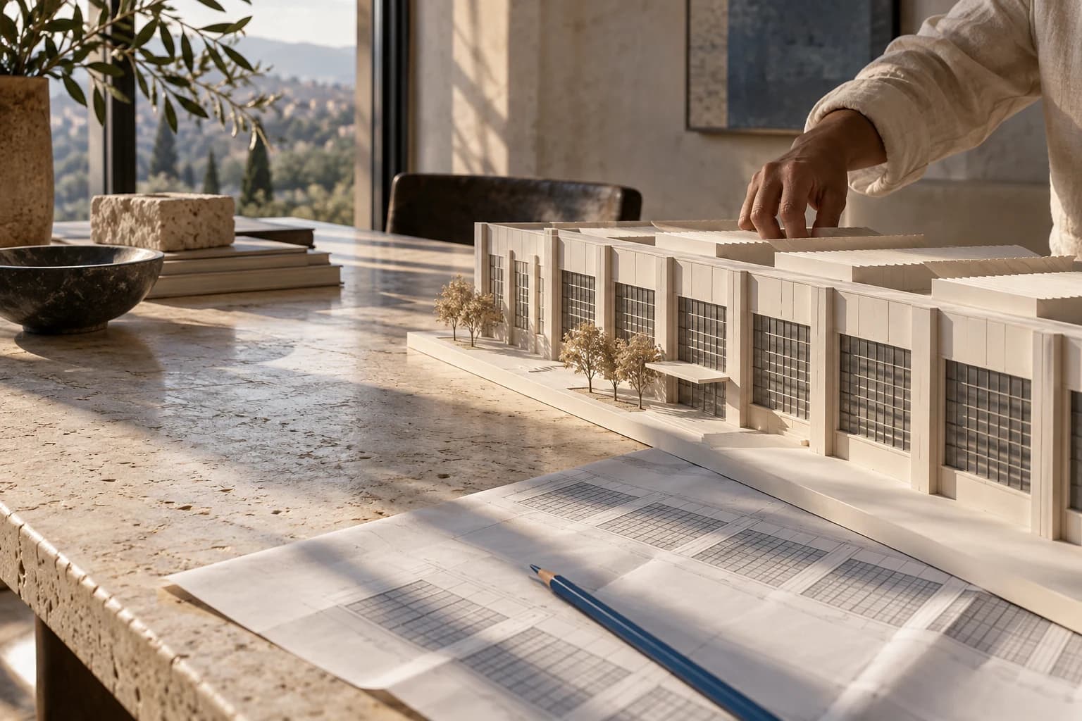 Maqueta arquitectónica y planos sobre una mesa de trabajo iluminada por el sol