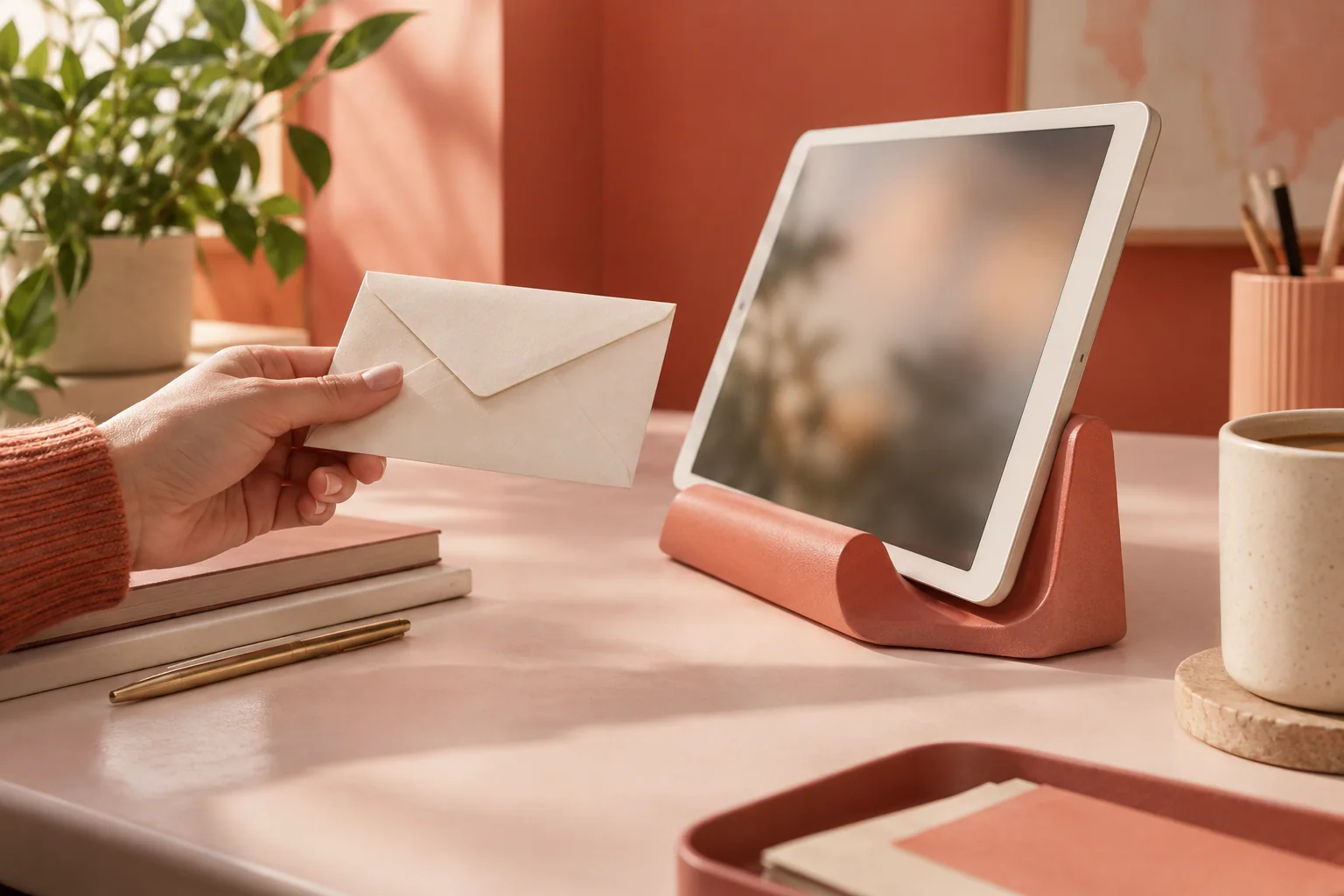 Tablet en un soporte coral y una mano entregando un sobre
