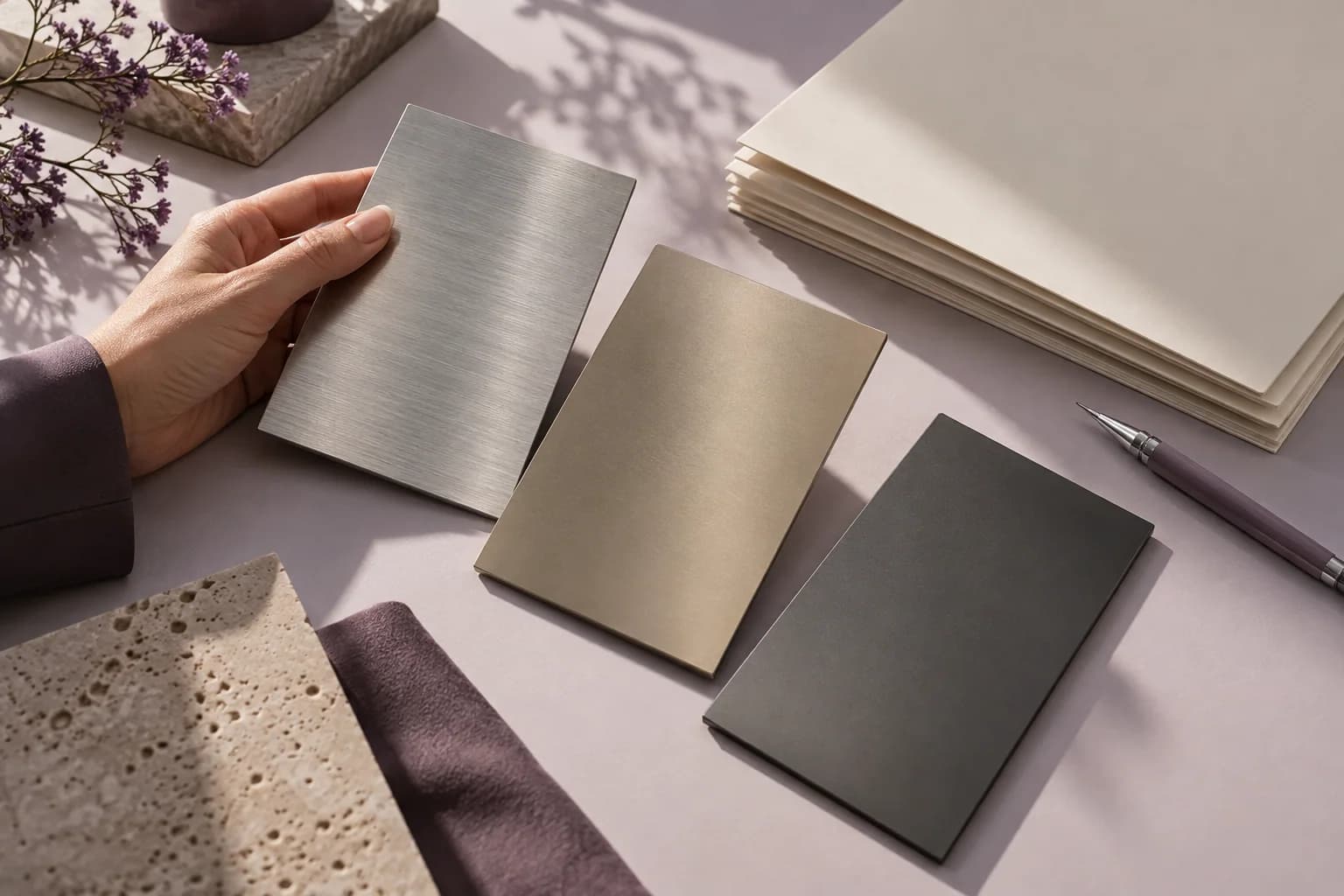 Muestras de materiales metálicos y propuestas sobre un escritorio lila