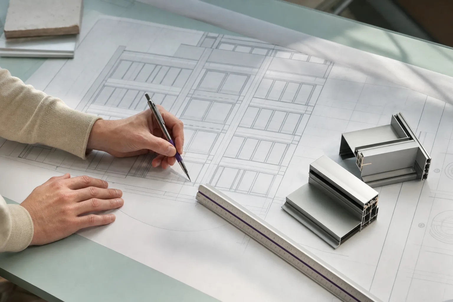 Escena ilustrativa de una mano trazando medidas sobre planos de fachada, con una regla de escala y perfiles de aluminio