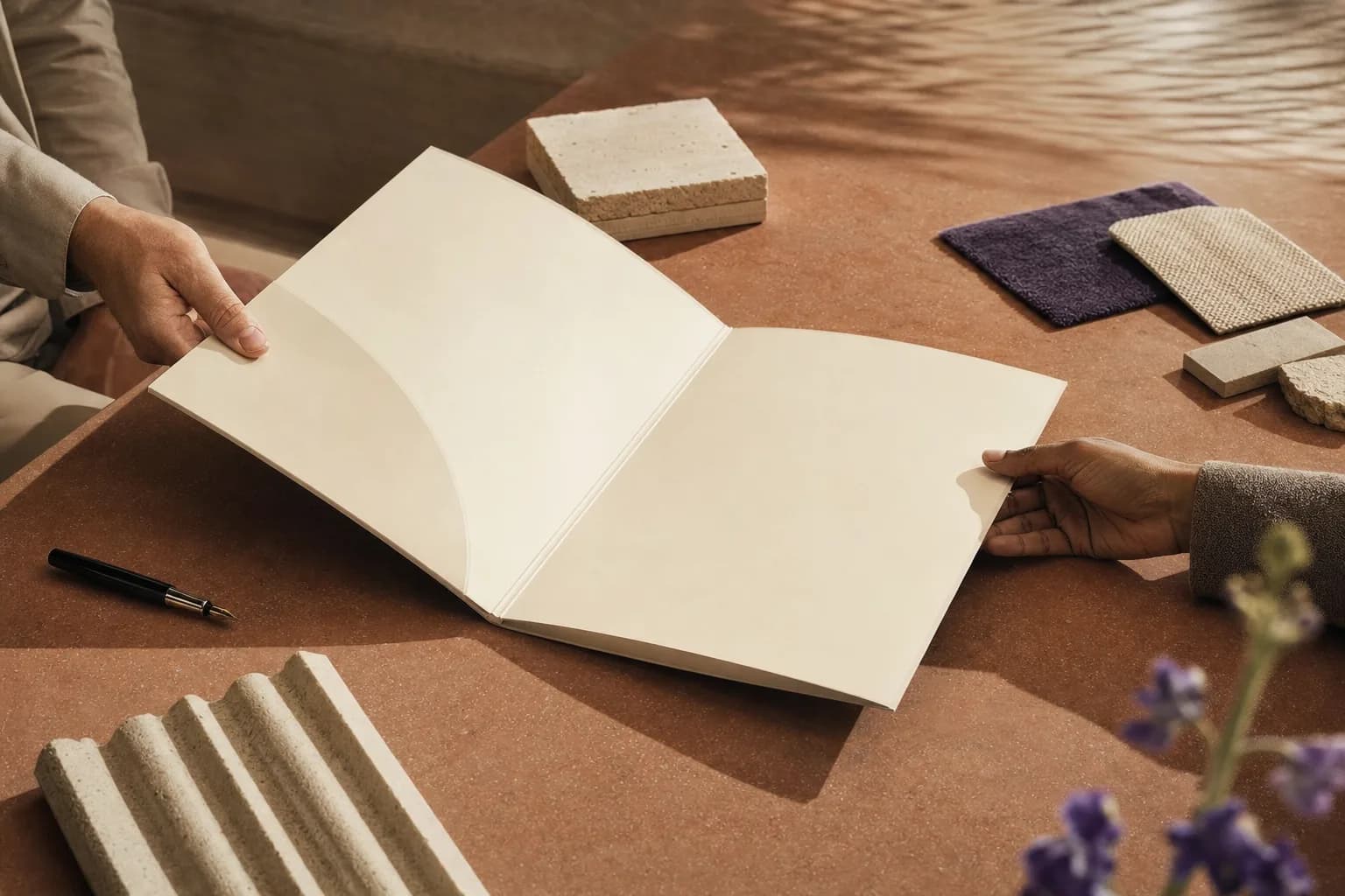Escena ilustrativa de una propuesta que pasa de una mano a otra sobre una mesa terracota