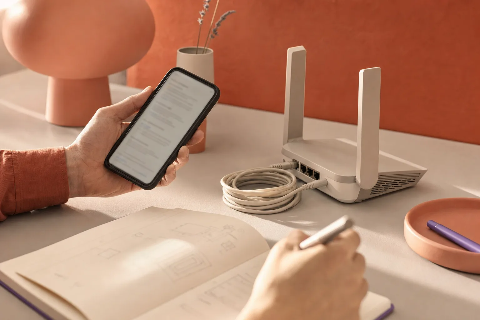 Escena ilustrativa de una mano con un teléfono junto a un router y un cuaderno de soporte